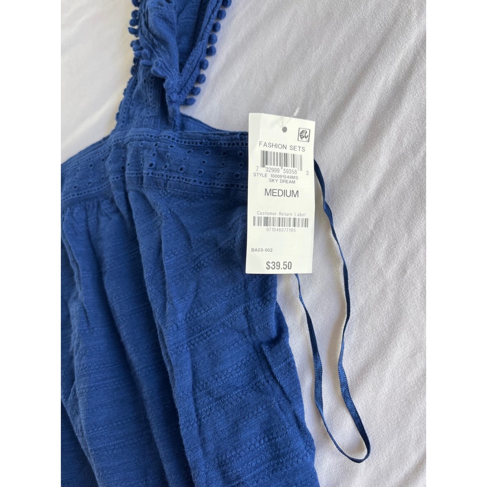 Style & Co Sky Dream Blue Ruffle Pom Pom Eyelet Tank Top Medium NEW - Picture 2 of 7